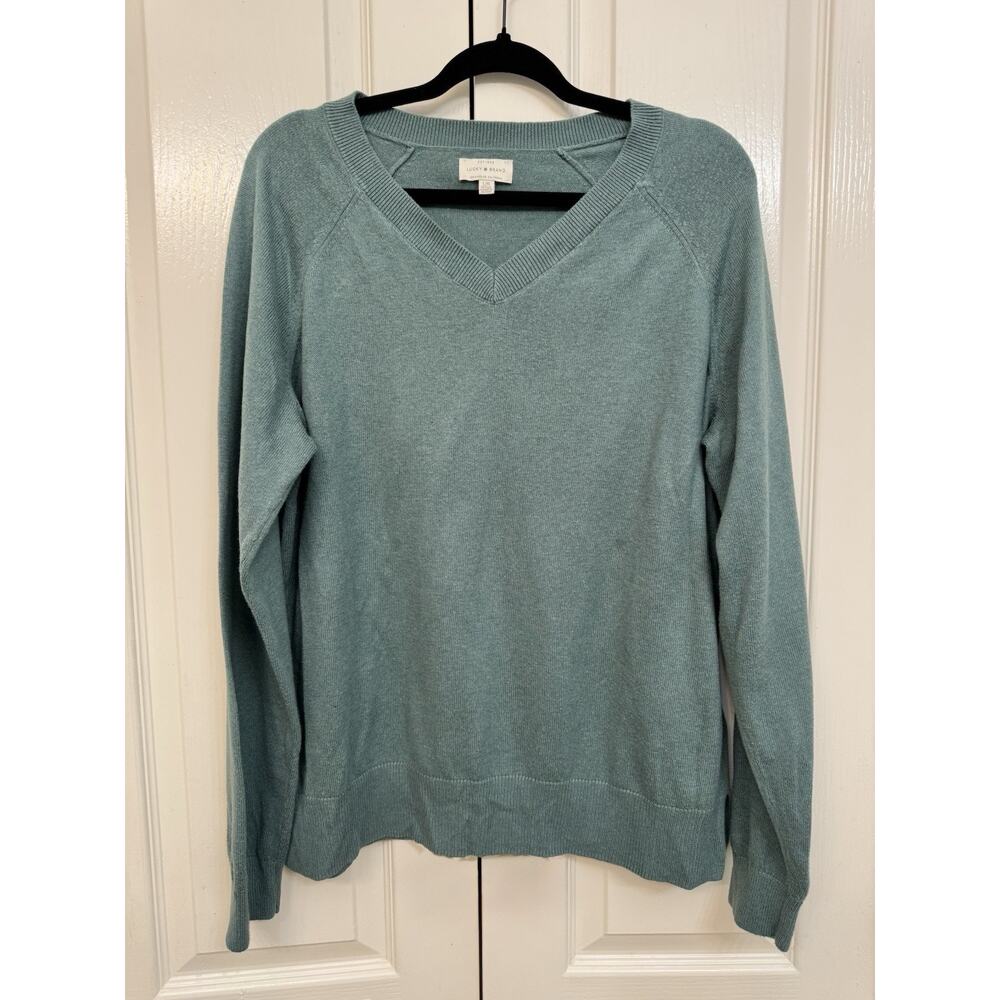 Lucky Brand Women's V-Neck Sweater Green Long Sleeves Trendy Pullover Size Large
